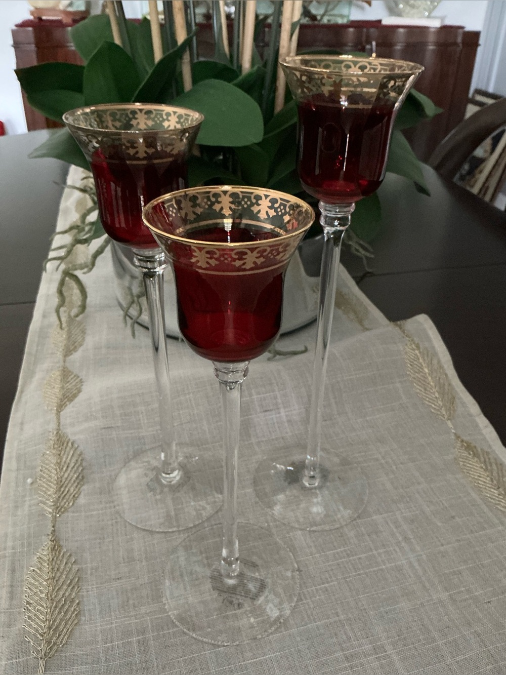Elegant Red and Gold Stemmed Votive Candlestick Set